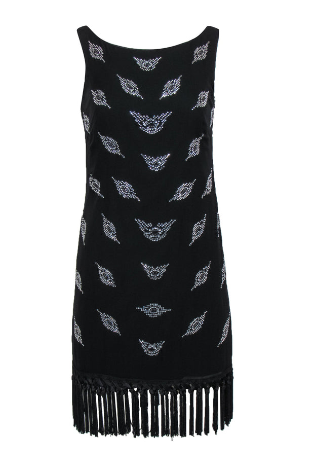 Current Boutique-Milly - Black Sleeveless Silk Shift Dress w/ Rhinestone Design & Fringed Hem Sz 4