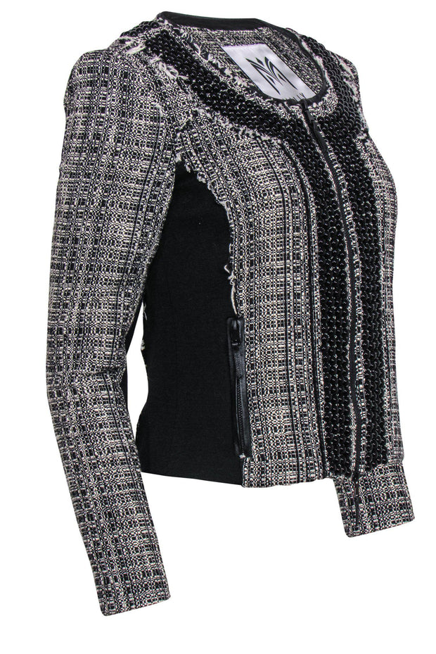 Current Boutique-Milly - Black & White Distressed Tweed Zip-Up Jacket w/ Beading Sz S