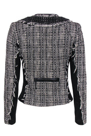 Current Boutique-Milly - Black & White Distressed Tweed Zip-Up Jacket w/ Beading Sz S