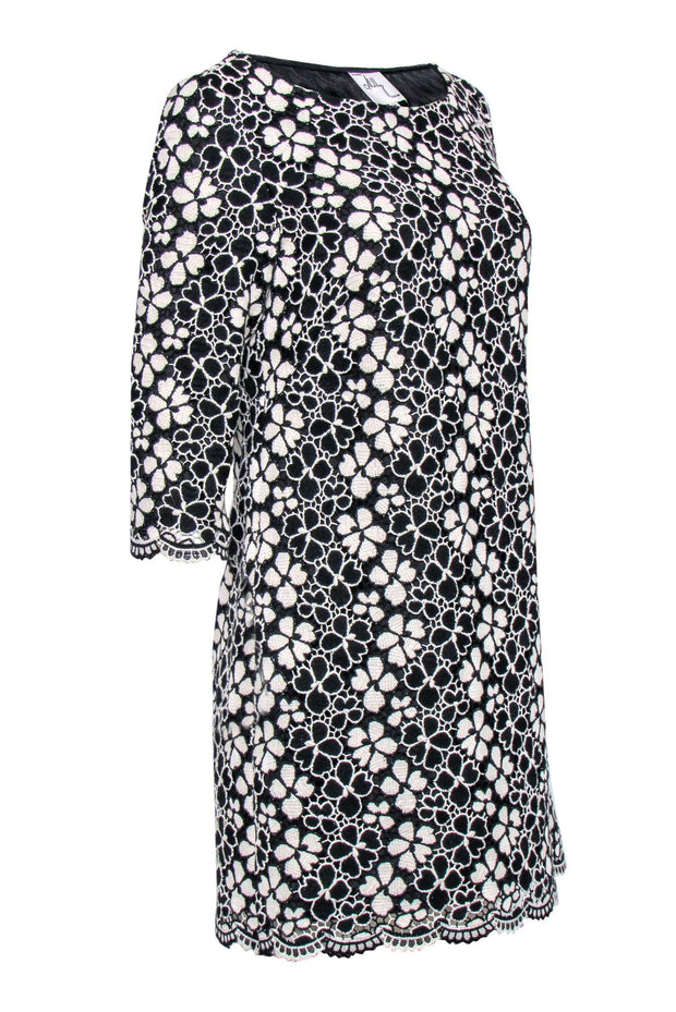 Current Boutique-Milly - Black & White Floral Embroidered Quarter Sleeve Shift Dress Sz 10