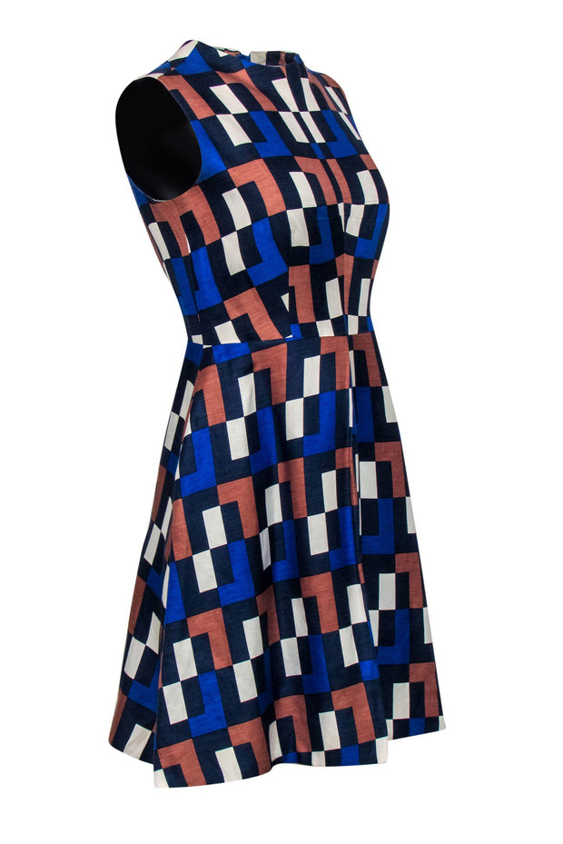 Current Boutique-Milly - Blue & Brown Printed Linen Blend Dress Sz 6