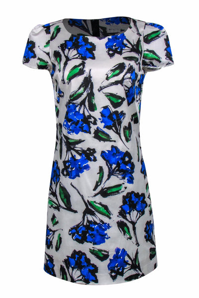 Current Boutique-Milly - Blue, Green & White Painted Floral Cap Sleeve Shift Dress Sz 8