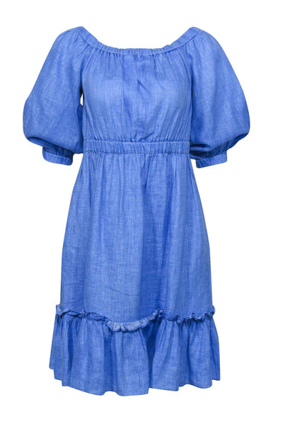 Current Boutique-Milly - Blue Linen Off-the-Shoulder Ruffle A-Line Dress Sz S