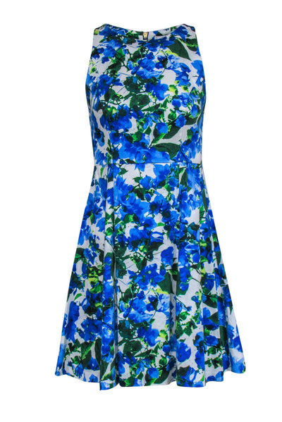 Current Boutique-Milly - Blue, White & Green Floral Print Sleeveless Fit & Flare Dress Sz 2