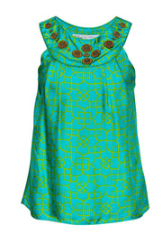 Current Boutique-Milly - Bright Green & Blue Printed Embellished Top Sz 0