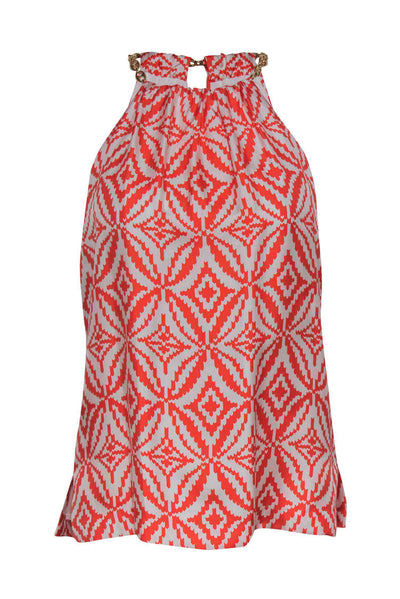 Current Boutique-Milly - Bright Orange Printed Silk Halter-Style Top w/ Chain Straps Sz 4