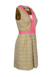 Current Boutique-Milly - Cream & Green Print Sleeveless Dress w/ Pink Trim Sz 6