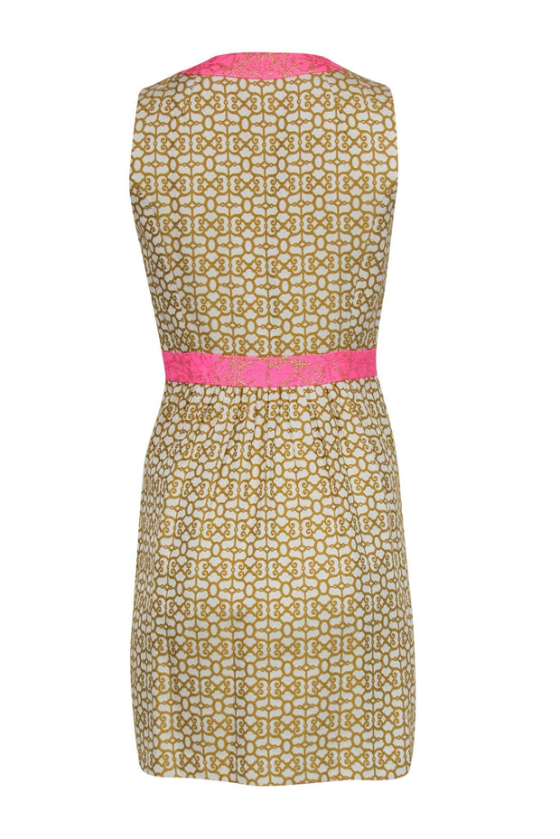 Current Boutique-Milly - Cream & Green Print Sleeveless Dress w/ Pink Trim Sz 6