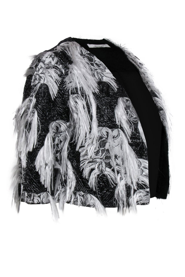 Current Boutique-Milly - Dark Grey Shiny Floral Embroidered Cropped Open Jacket w/ Fringe Trim Sz S/M