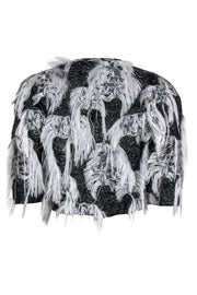 Current Boutique-Milly - Dark Grey Shiny Floral Embroidered Cropped Open Jacket w/ Fringe Trim Sz S/M