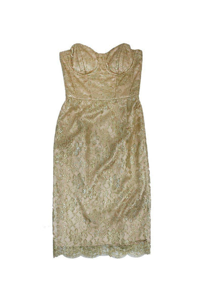 Current Boutique-Milly - Gold Metallic Lace Strapless Dress Sz 4