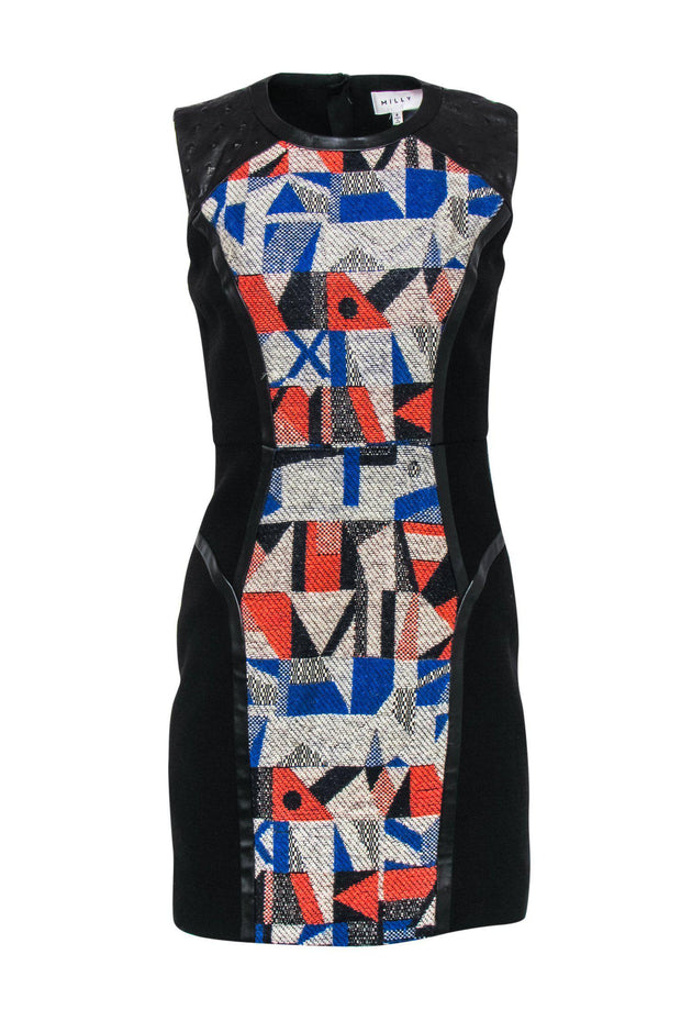 Current Boutique-Milly - Graphic Colorblock Design Tweed Sheath Dress w/ Leather Sz 6