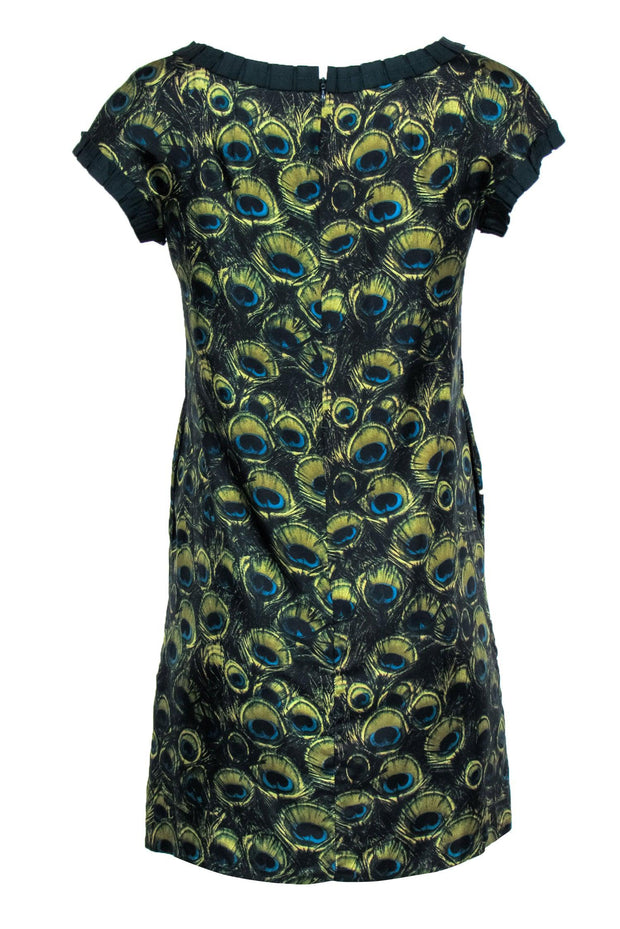 Current Boutique-Milly - Green Peacock Feather Printed Silk Shift Dress w/ Ribbon Trim Sz 4
