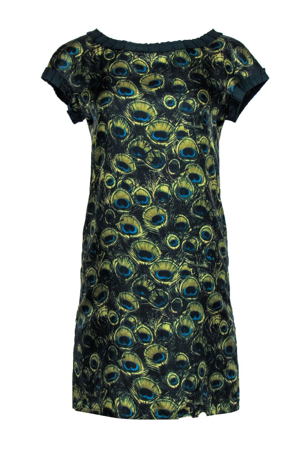 Current Boutique-Milly - Green Peacock Feather Printed Silk Shift Dress w/ Ribbon Trim Sz 4