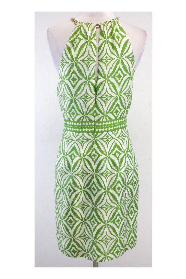 Current Boutique-Milly - Green & White High Neck Chain Silk Dress Sz 2