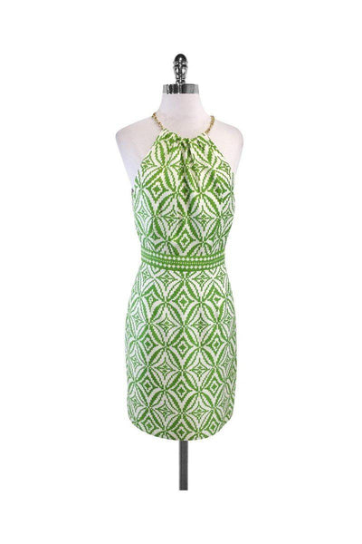 Current Boutique-Milly - Green & White High Neck Chain Silk Dress Sz 2