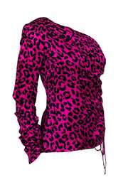 Current Boutique-Milly - Magenta & Black Leopard Print One-Shoulder Ruched Silk “Ciara” Blouse Sz 4