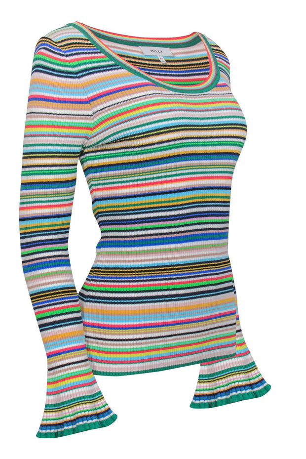 Current Boutique-Milly - Multicolor Striped Long Bell Sleeve Ribbed Knit Top Sz L