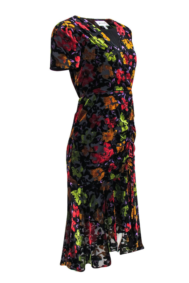 Current Boutique-Milly - Multicolor Velvet Floral Short Sleeve Bodycon Dress w/ Ruching Sz 0