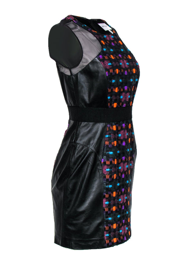 Current Boutique-Milly - Multicolored Tweed Paneled Dress w/ Leather & Mesh Sz 6
