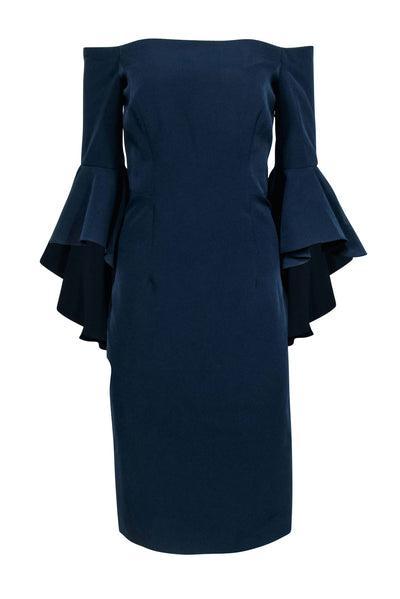 Current Boutique-Milly - Navy Off-the-Shoulder Ruffle Sleeve Sheath Dress Sz 10