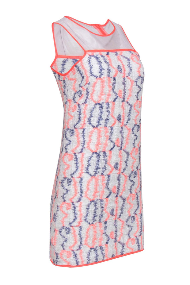Current Boutique-Milly - Neon Pink, Navy & White Embroidered Dress w/ Illusion Neckline Sz 2