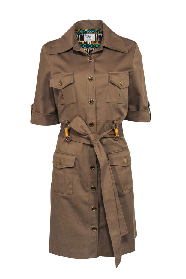 Current Boutique-Milly - Olive Green Shirt Dress w/ Horsebit Bamboo Waist Accents Sz 12