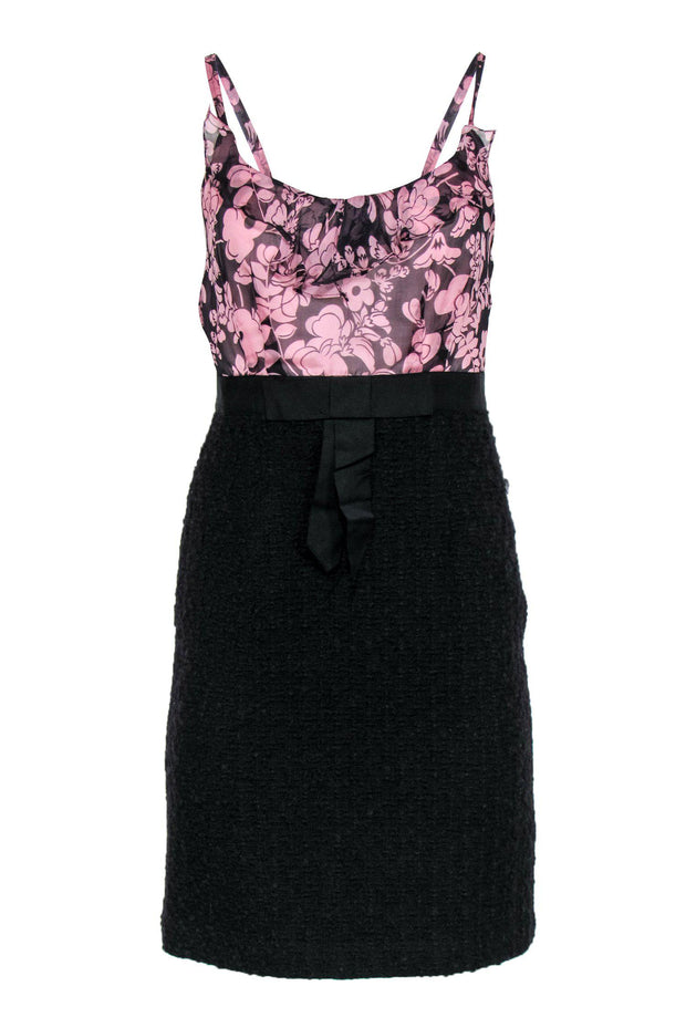 Current Boutique-Milly - Pink Floral Silk & Black Tweed Fitted Dress Sz 4