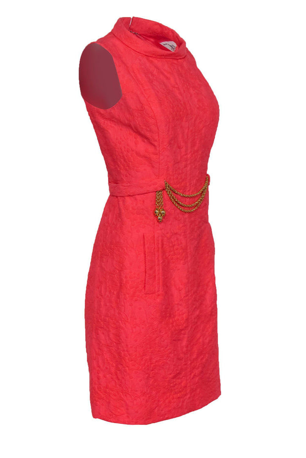 Current Boutique-Milly - Pink Sleeveless Floral Textured Sheath Dress w/ Gold Chain Belt Sz 2