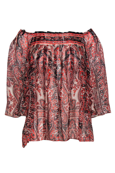 Current Boutique-Milly - Red, Beige & Black Paisley Print Silk Blouse Sz 0