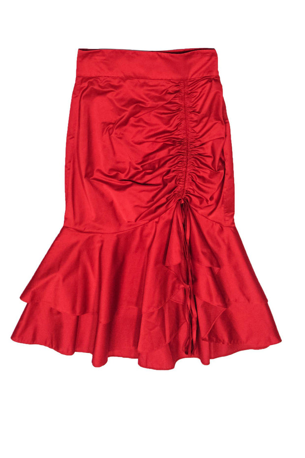 Current Boutique-Milly - Red Satin Fishtail Ruched Skirt Sz S