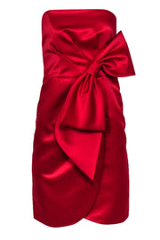 Current Boutique-Milly - Red Satin Strapless Sheath Dress w/ Bow Sz 4