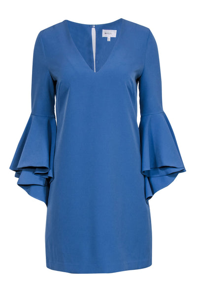 Current Boutique-Milly - Slate Blue V-Neck Shift Dress w/ Ruffle Bell Sleeves Sz 6