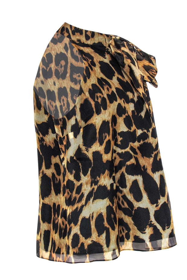 Current Boutique-Milly - Tan & Black Leopard Print Sleeveless Silk Blouse w/ Bow Sz 12