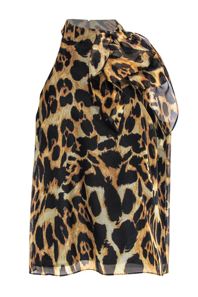 Current Boutique-Milly - Tan & Black Leopard Print Sleeveless Silk Blouse w/ Bow Sz 12