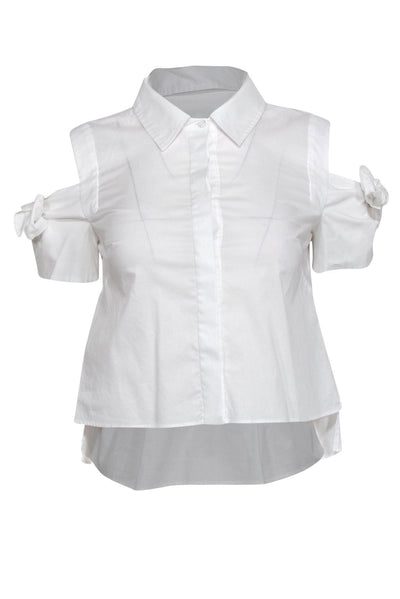 Current Boutique-Milly - White Cropped Cold Shoulder Button-Up Cotton Blouse Sz 0