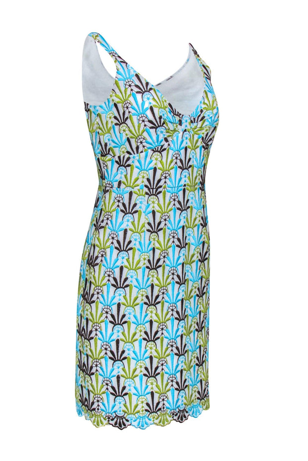 Current Boutique-Milly - White, Green, & Blue Embroidered Print Cotton Sheath Dress Sz 8