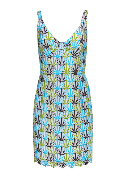 Current Boutique-Milly - White, Green, & Blue Embroidered Print Cotton Sheath Dress Sz 8