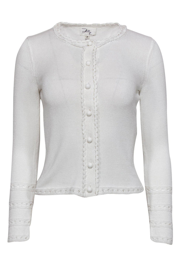 Milly - White Knit Button-Up Cardigan w/ Ruffle & Embroidered Trim