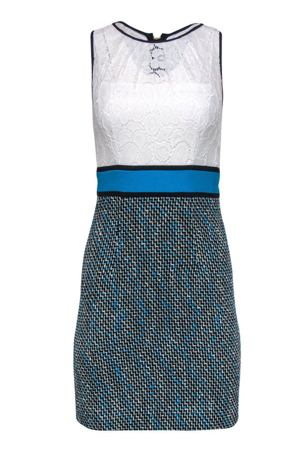 Current Boutique-Milly - White Lace & Blue Tweed Skirt Sheath Dress Sz 0