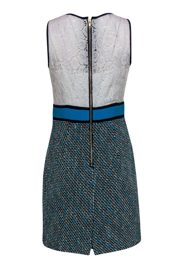 Current Boutique-Milly - White Lace & Blue Tweed Skirt Sheath Dress Sz 8