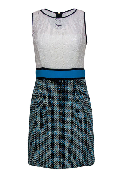 Current Boutique-Milly - White Lace & Blue Tweed Skirt Sheath Dress Sz 8