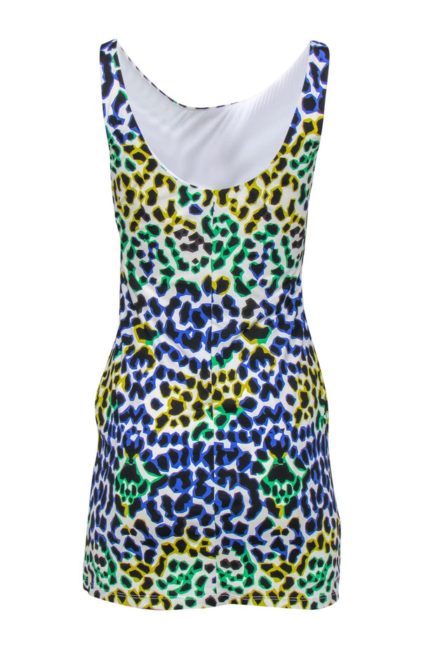 Current Boutique-Milly - White & Multicolor Leopard Print Sleeveless Ruched Bodycon Dress Sz M
