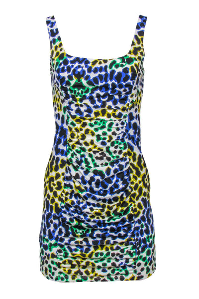 Current Boutique-Milly - White & Multicolor Leopard Print Sleeveless Ruched Bodycon Dress Sz M