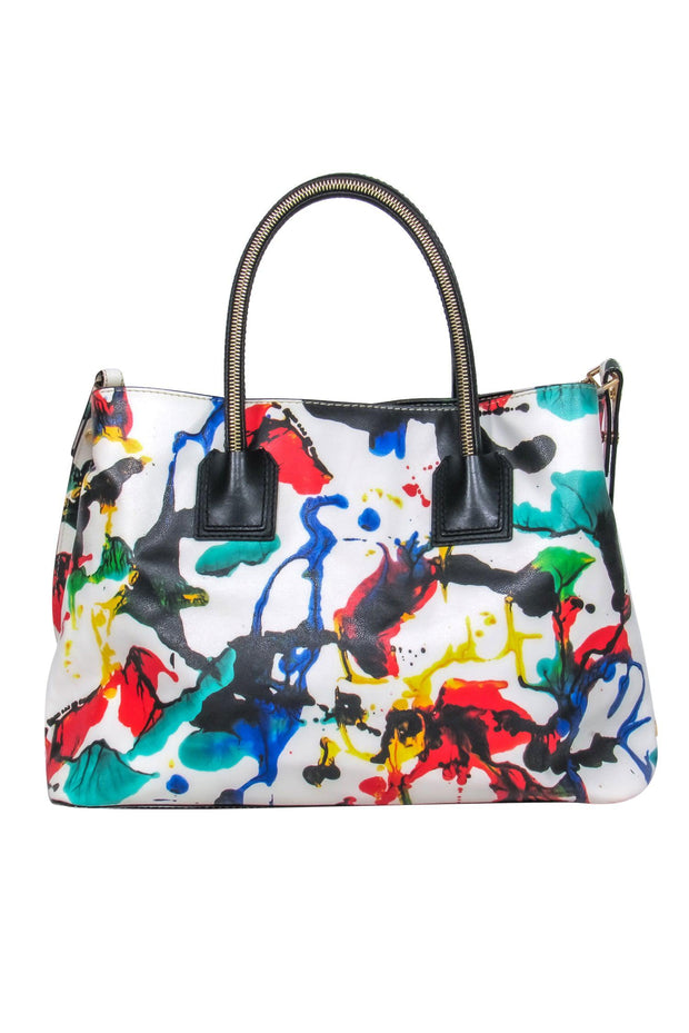 Current Boutique-Milly - White & Multicolor Paint Splatter Printed Handbag w/ Strap