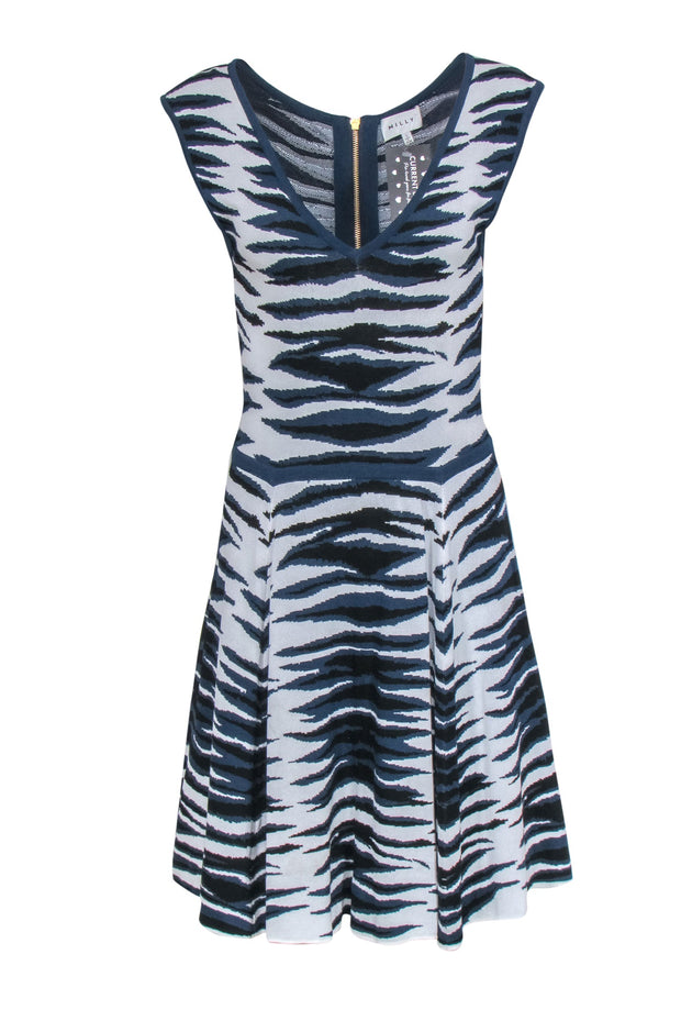 Current Boutique-Milly - White Navy & Black Zebra Print Fit & Flare Dress Sz L
