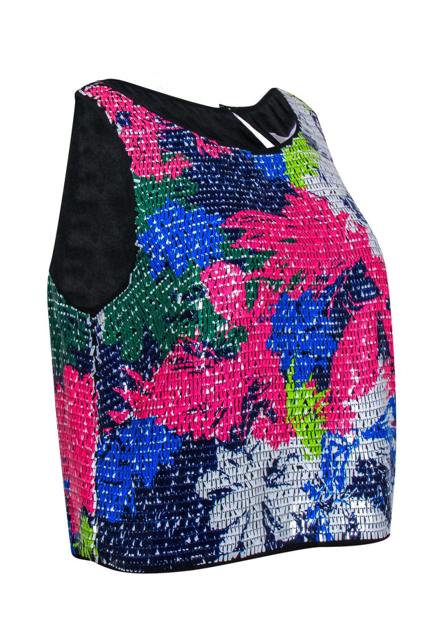 Current Boutique-Milly - White, Pink, Green & Blue Sequined Crop Top w/ Abstract Floral Print Sz 8