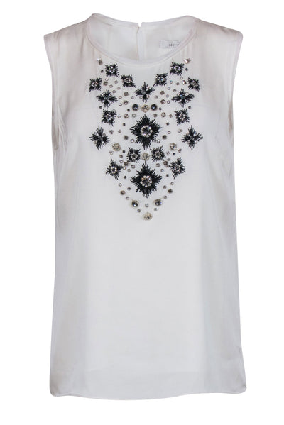 Current Boutique-Milly - White Sleeveless Silk Blouse w/ Crystal & Embroidered Embellishment Sz 6