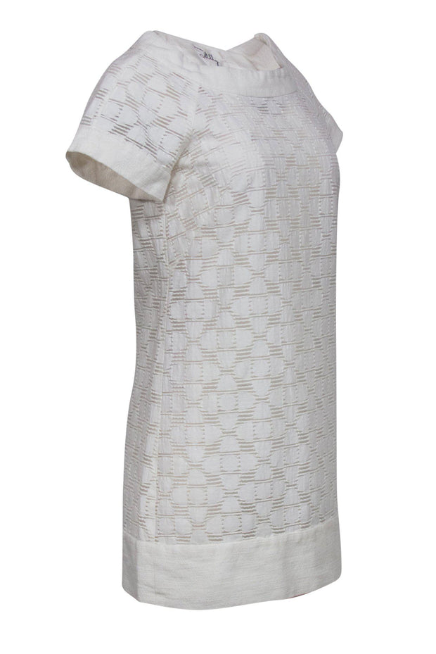 Current Boutique-Milly - White Textured Sheer Mid-Mod Floral Print Dress Sz 4