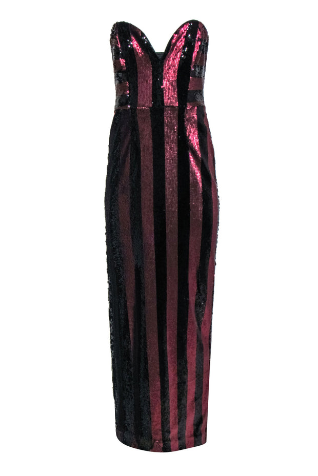Current Boutique-Milly - Wine & Black Striped Sequin Strapless "Carly" Gown Sz 8